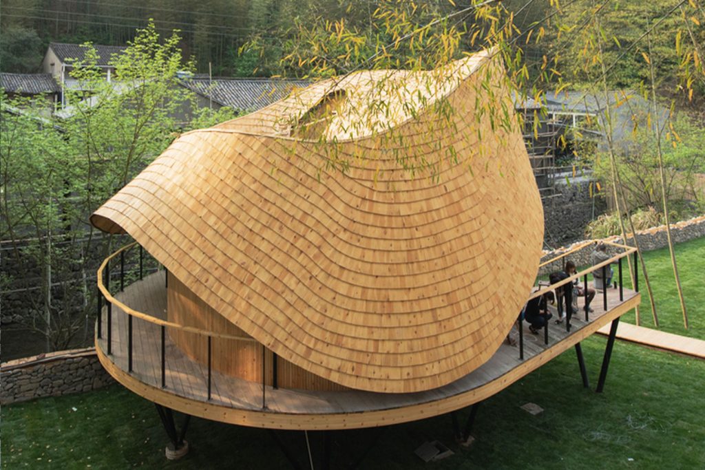 The curved roof of the 