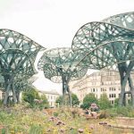 Giant architectural trees by THISS Studio cover the pop-up garden at Birmingham