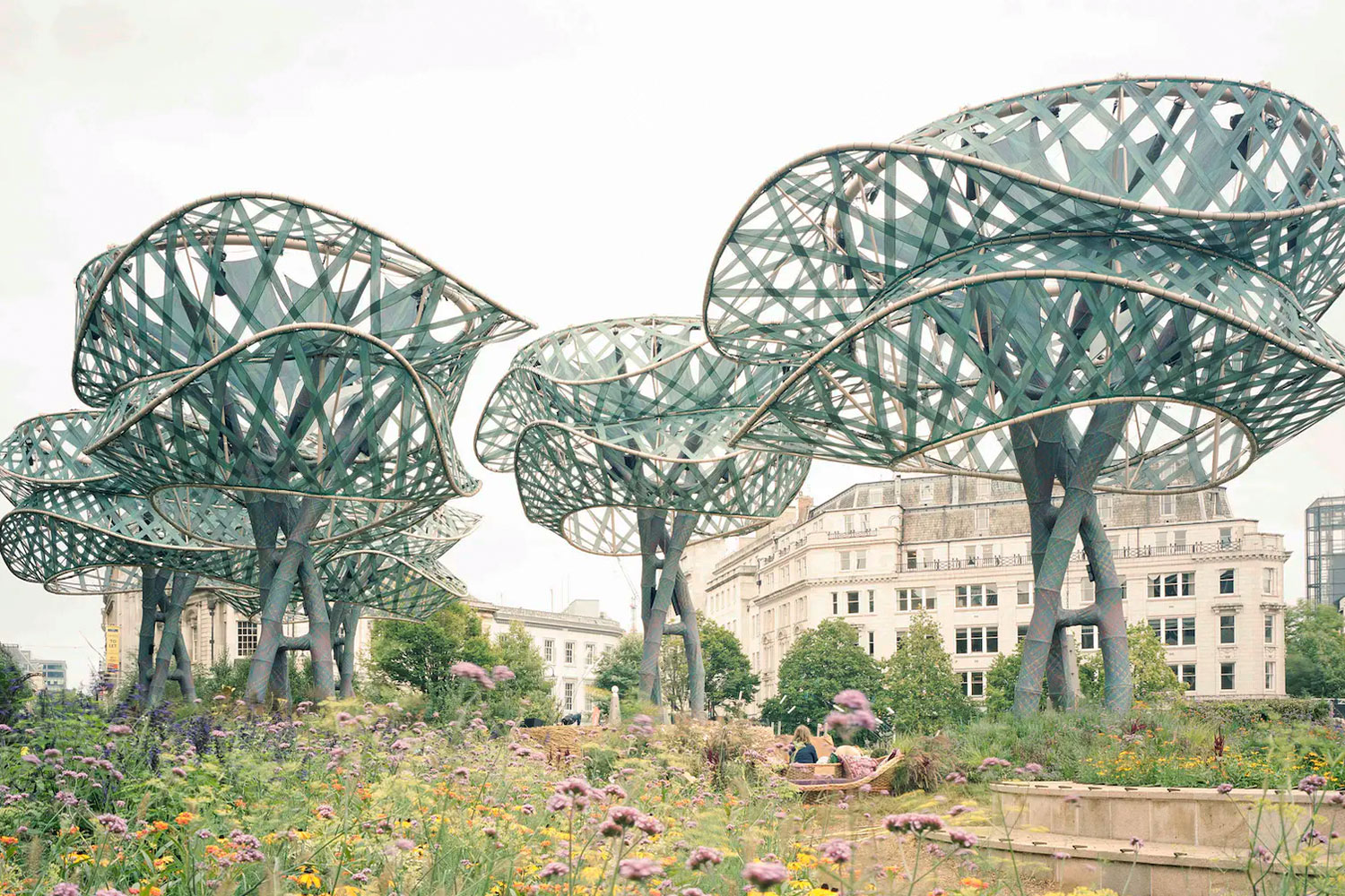 Giant architectural trees by THISS Studio cover the pop-up garden at Birmingham - Parametric Architecture