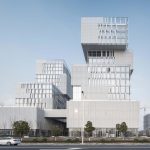 Smart New World Innovation Center's pixelated blocks create a scene like mountains