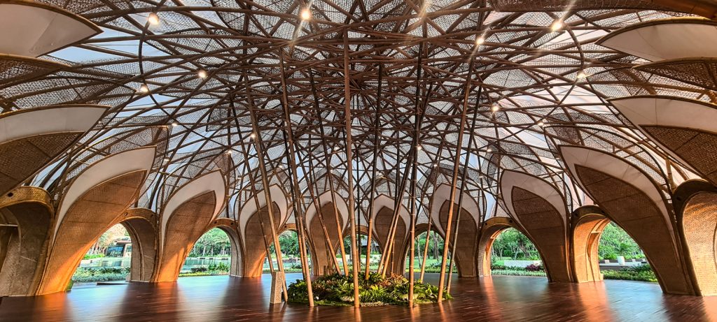The Bamboo Dome of the G20 Bali Summit features a triangular mountain-shaped framework