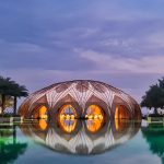 The Bamboo Dome of the G20 Bali Summit features a triangular mountain-shaped framework
