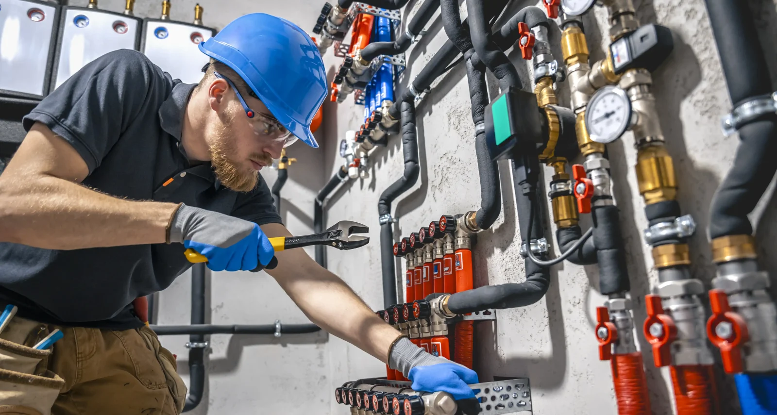 A commercial plumber inspecting a building's complex plumbing system.
