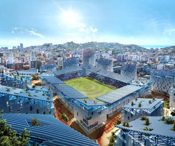 Exterior view of MVRDV's sustainable Super Stadium design for Niko Dovana Stadium in Albania