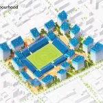 Urban integration of stadium with residential buildings and green public spaces