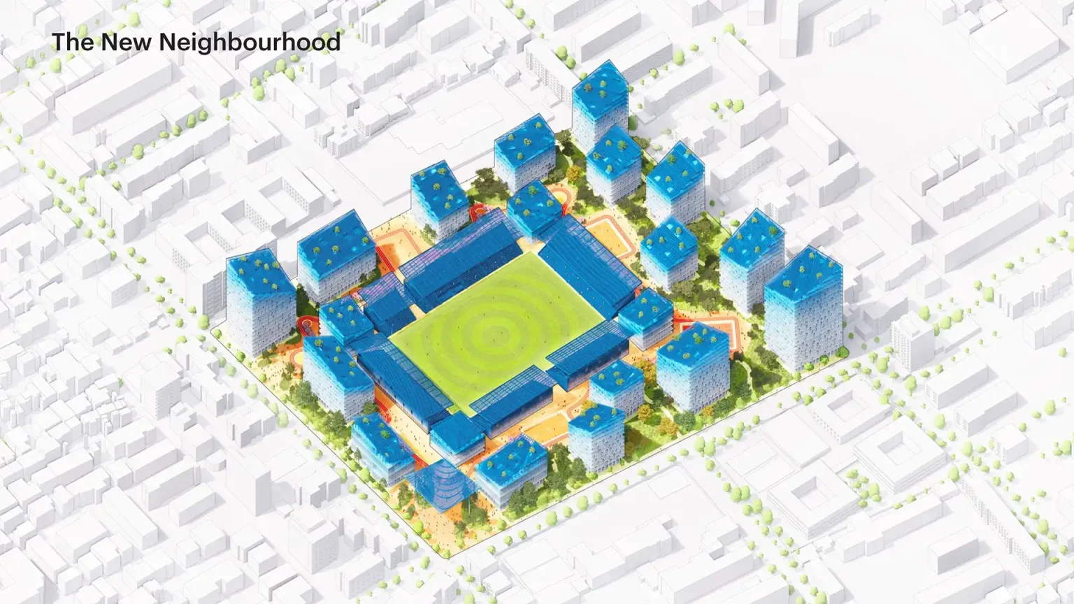 Urban integration of stadium with residential buildings and green public spaces