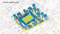 Urban integration of stadium with residential buildings and green public spaces
