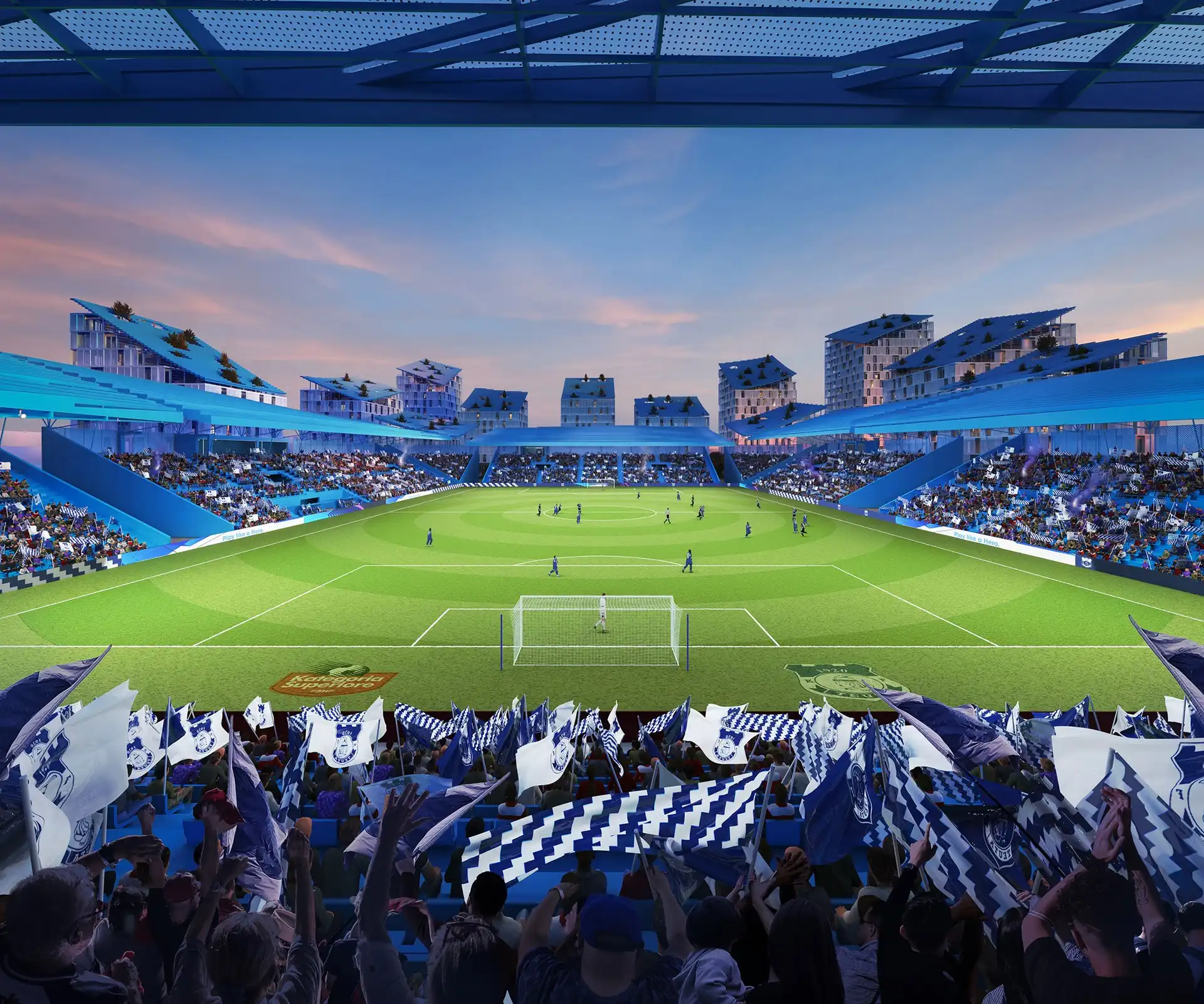 Reimagining Niko Dovana Stadium: Sustainable Urban Hub by MVRDV 3 KF Teuta Durrës-inspired building façades with gradient from white to blue
