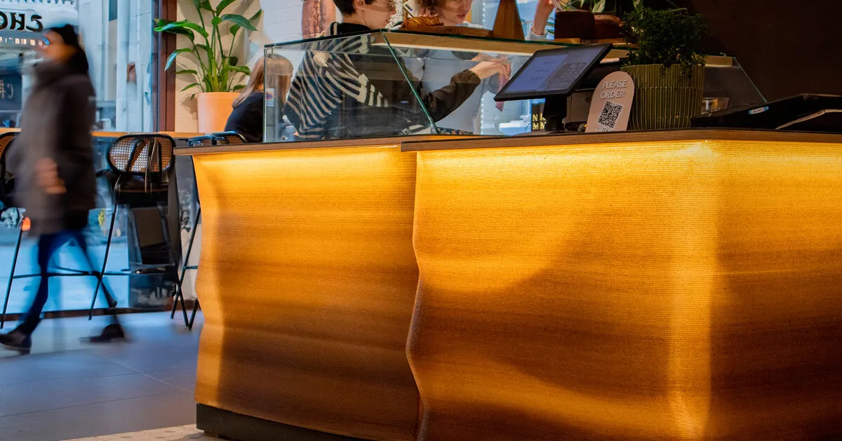 3D-Printed Interior from Coffee Waste for Barcelona’s D·Origen Café by LOWPOLY