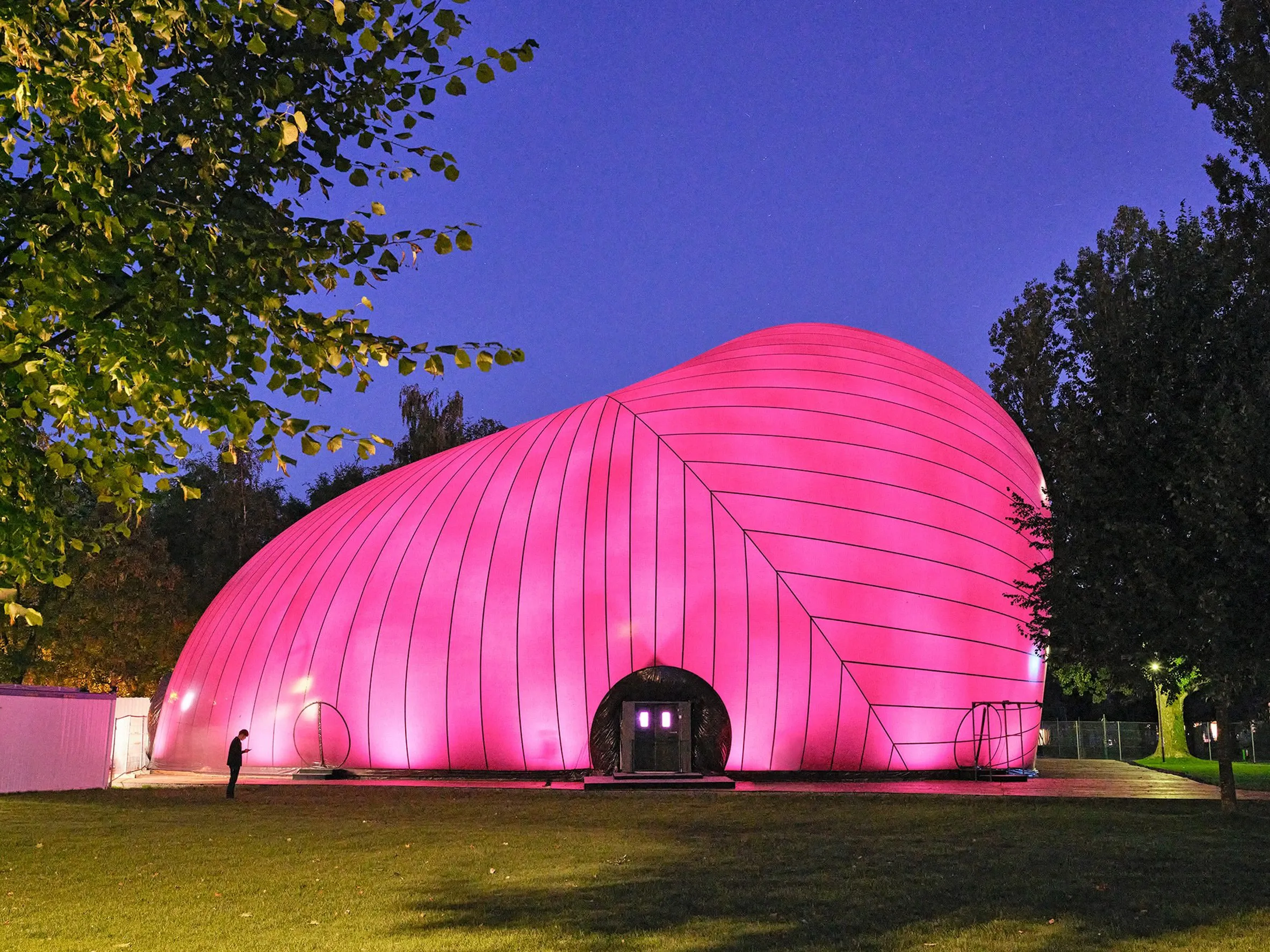 Ark Nova Inflatable Concert Hall with Plum-Colored PVC Shell at