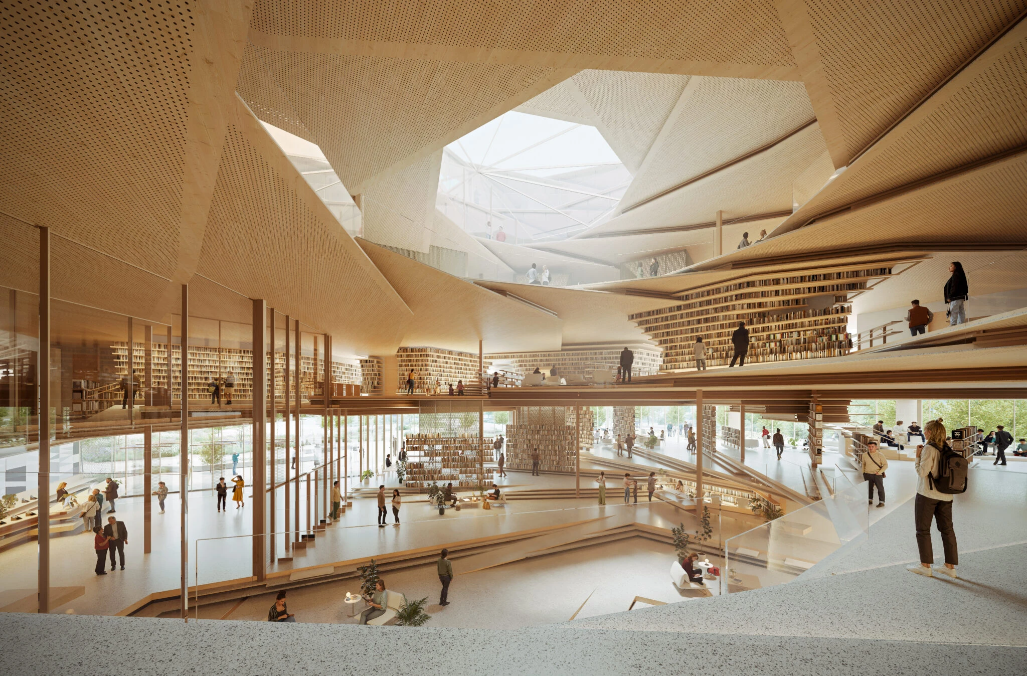 Kengo Kuma’s Vortex of Words, Spiral Timber-Steel Library