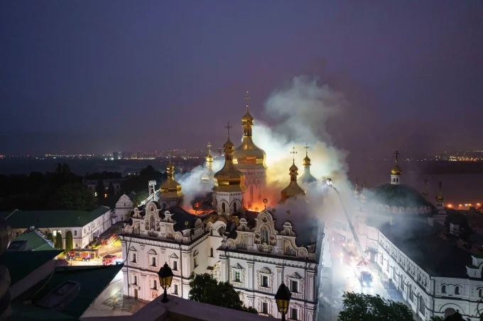 Russian Attack Hits UNESCO World Heritage Monastery, Igniting Kyiv’s Dormition Cathedral