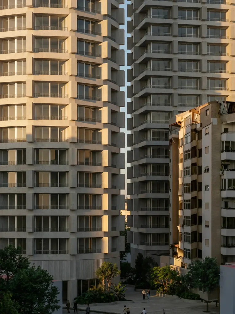 DUAS Towers quadrangular and circular facades.