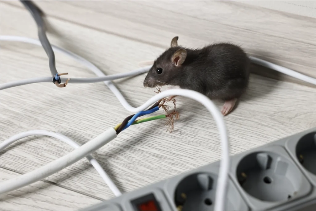 7 Signs It's Time to Call in a Rodent Control Expert | Rat beside a chewed electrical wire on an indoor floor