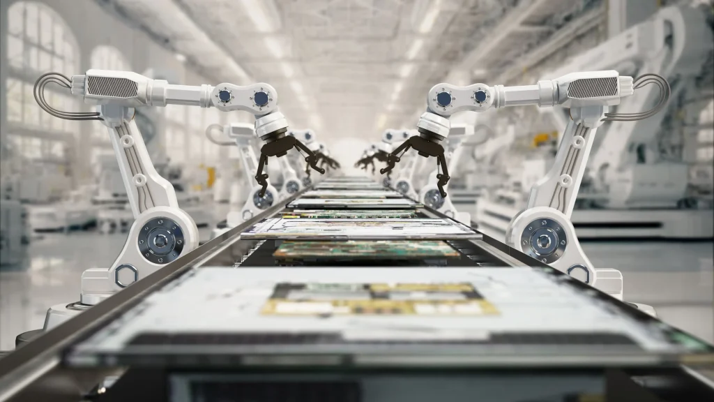 agentic AI White industrial robotic arms working over a production line in a modern factory
