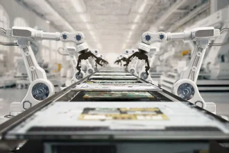 agentic AI White industrial robotic arms working over a production line in a modern factory