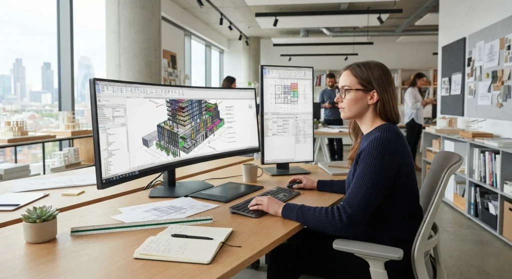 A woman with glasses sits at a wooden desk in a modern open-plan architecture office, working on dual monitors showing a colorful 3D BIM building model on the left and multi-level floor plans on the right. Architectural drawings, a notebook, ruler, and tablet lie on the desk; colleagues work in the background near large windows overlooking a city skyline. AI-generated image.