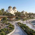 Conceptual rendering of a landscaped public space with organic architecture and water features