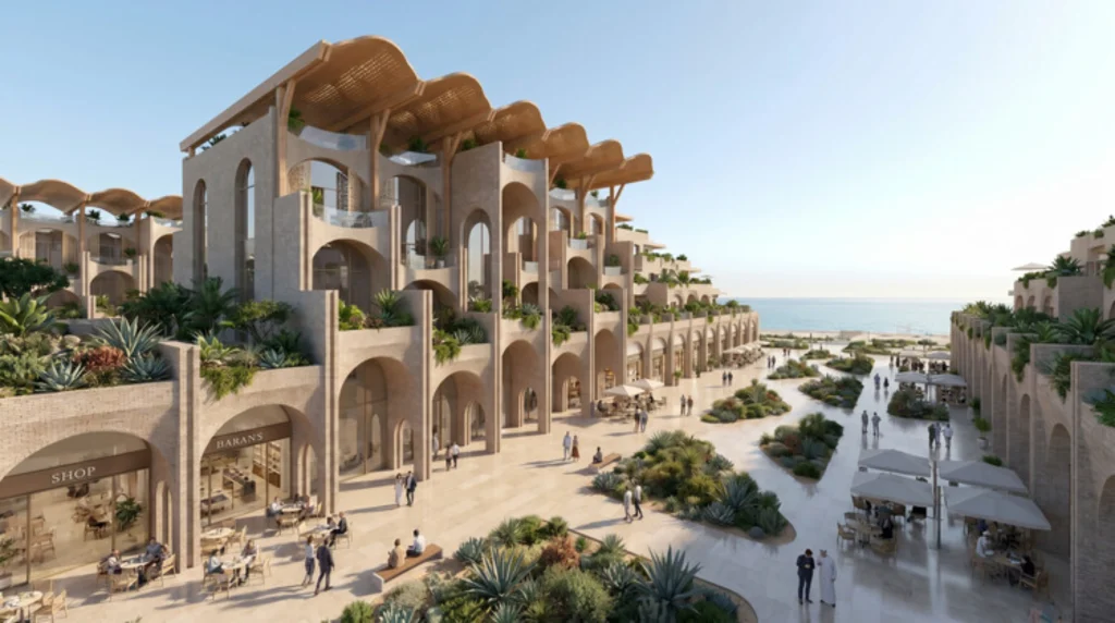 Futuristic civic or cultural complex with curved forms and landscaped surroundings