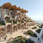 Futuristic civic or cultural complex with curved forms and landscaped surroundings