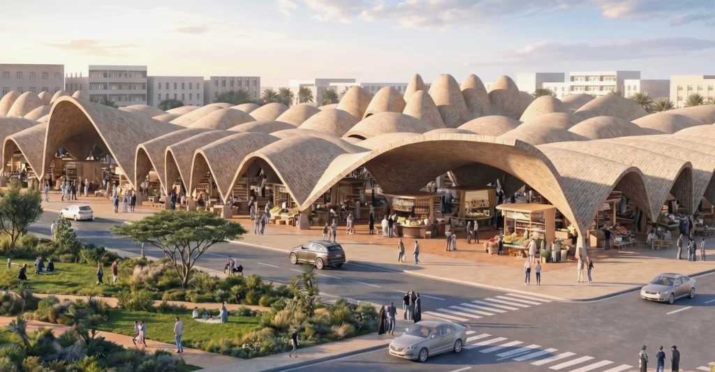 Large arched public structure with open plazas and desert-inspired architecture
