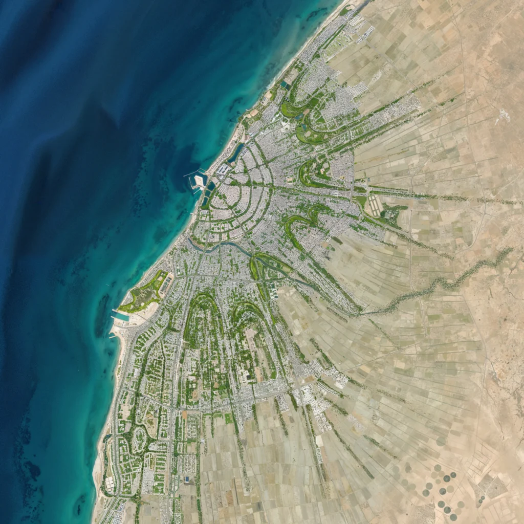 High-altitude aerial of Benghazi showing the dense urban grid meeting the coastline