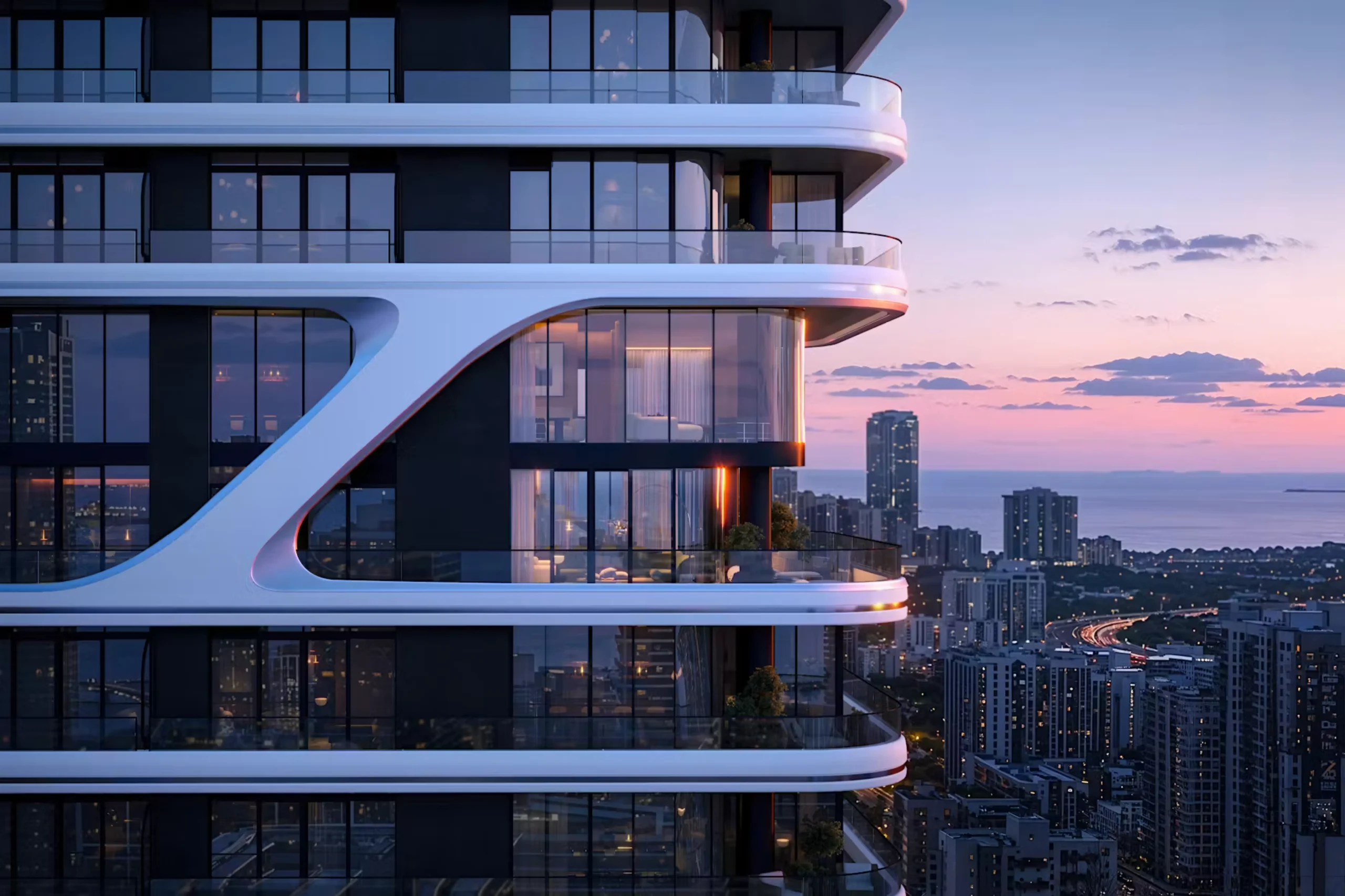 Close-up rendering of the Bugatti Residences Miami tower showing the four-volume massing and glazed double-height breaks