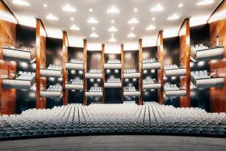 nterior view of the renovated Bühnen Köln auditorium with warm wood tones and curved seating