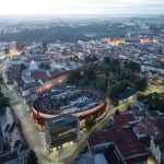 Aerial view of Jihlava showing the red arena embedded in the urban fabric