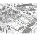 Historical black-and-white aerial photograph of the original ice rink site in Jihlava