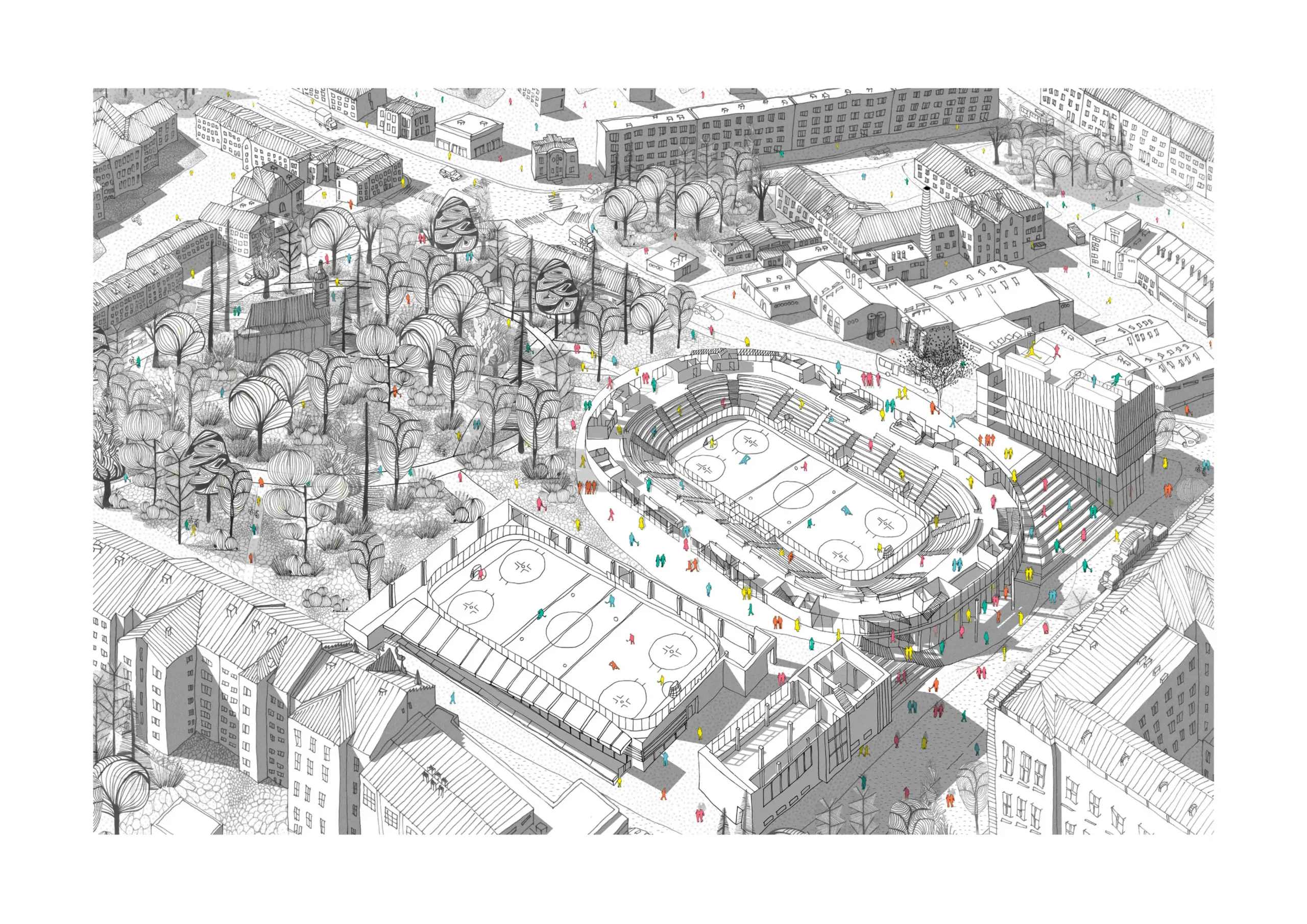 Historical black-and-white aerial photograph of the original ice rink site in Jihlava