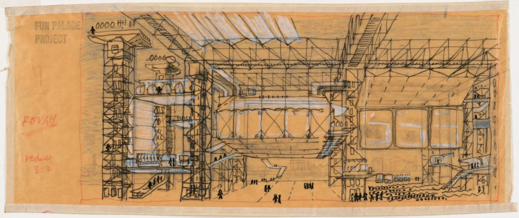 Rough hand-drawn sketch on yellow paper of Cedric Price’s Fun Palace Project, showing a complex multi-level steel framework with towers, platforms, escalators, and tiny figures of people moving through the open structure.