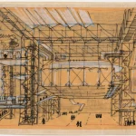 Rough hand-drawn sketch on yellow paper of Cedric Price’s Fun Palace Project, showing a complex multi-level steel framework with towers, platforms, escalators, and tiny figures of people moving through the open structure.