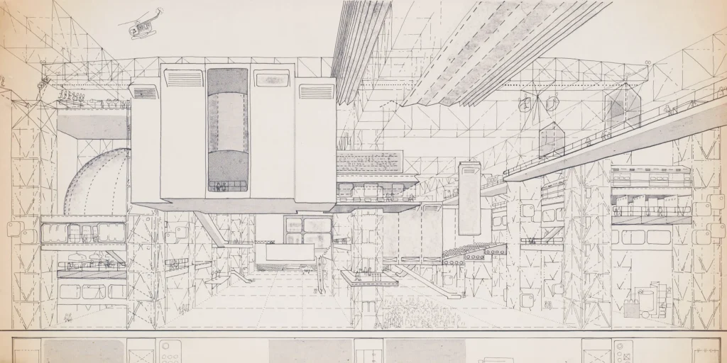 Detailed perspective drawing of the Fun Palace interior with suspended modular volumes, lattice steel structure, elevated walkways, a helicopter overhead, and crowds of people on the ground level.