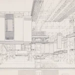 Detailed perspective drawing of the Fun Palace interior with suspended modular volumes, lattice steel structure, elevated walkways, a helicopter overhead, and crowds of people on the ground level.