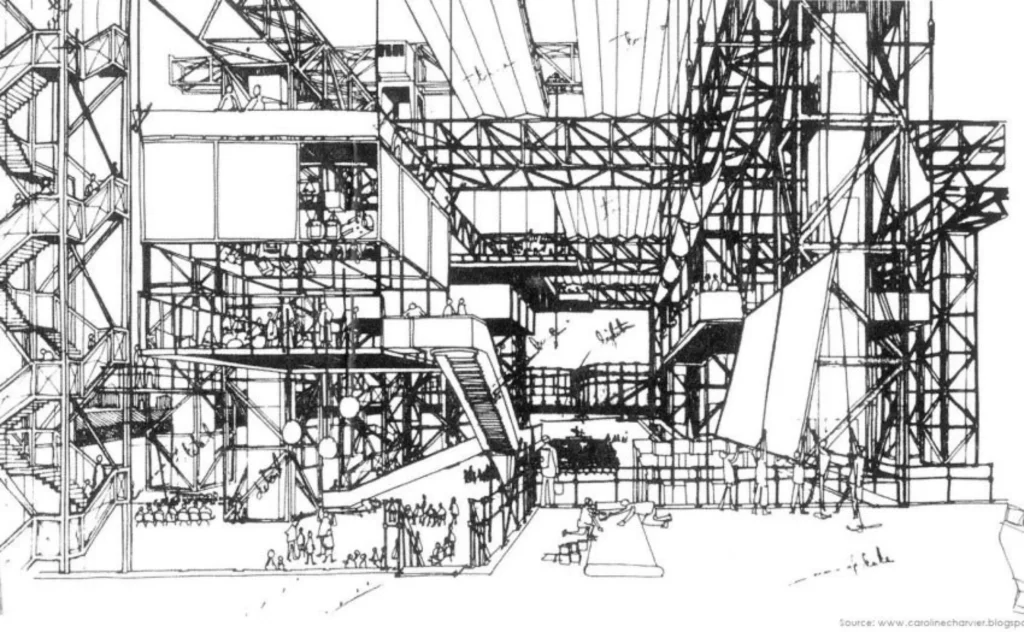Intricate black-and-white line drawing of the Fun Palace showing multi-level platforms, stairs, scaffolding-like frameworks, large hanging elements, and numerous small figures engaged in various activities.