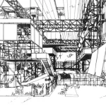 Intricate black-and-white line drawing of the Fun Palace showing multi-level platforms, stairs, scaffolding-like frameworks, large hanging elements, and numerous small figures engaged in various activities.