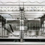Atmospheric rendering of the Fun Palace interior with large open halls, escalators, information screens, lattice steel columns, and crowds of people under a high truss roof.