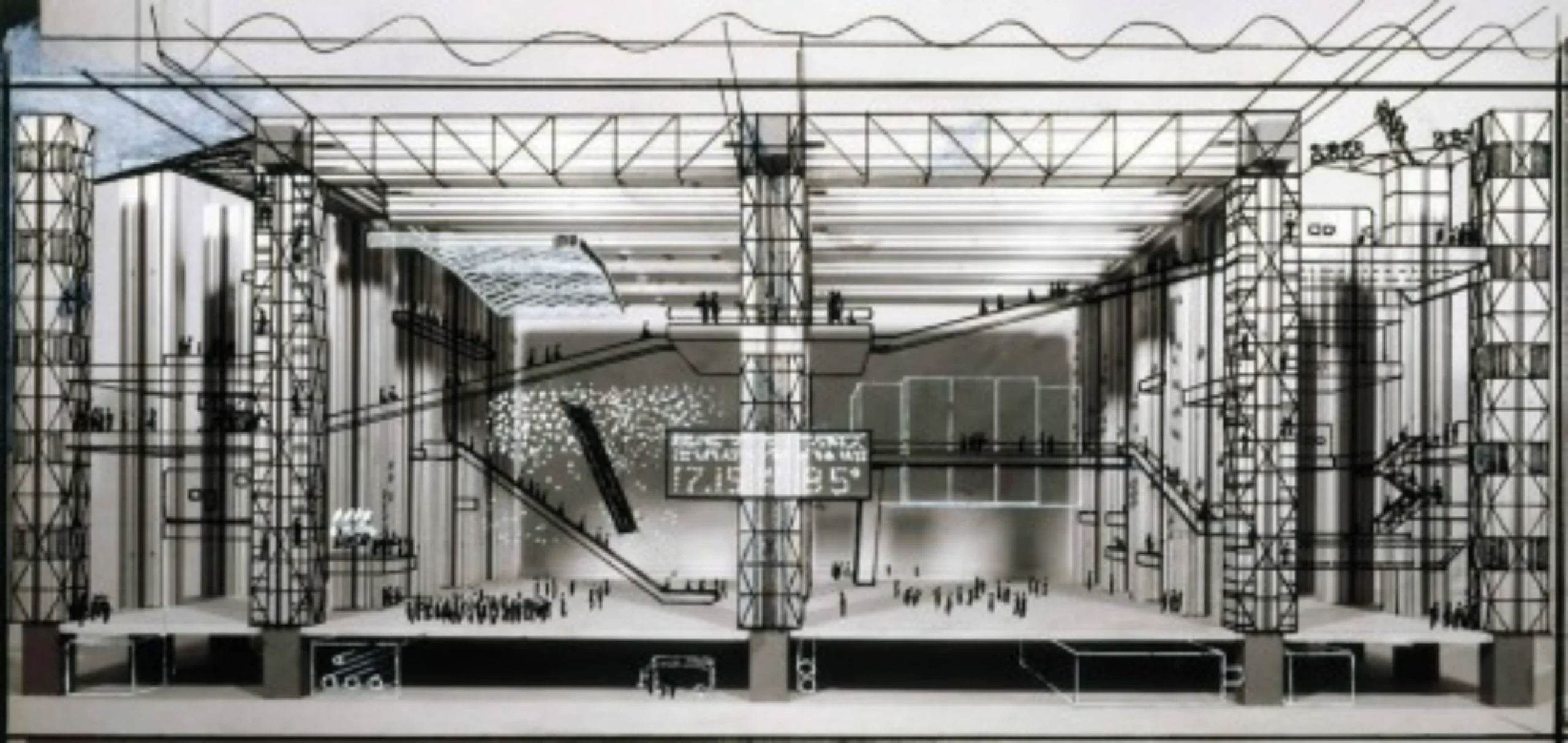 Atmospheric rendering of the Fun Palace interior with large open halls, escalators, information screens, lattice steel columns, and crowds of people under a high truss roof.