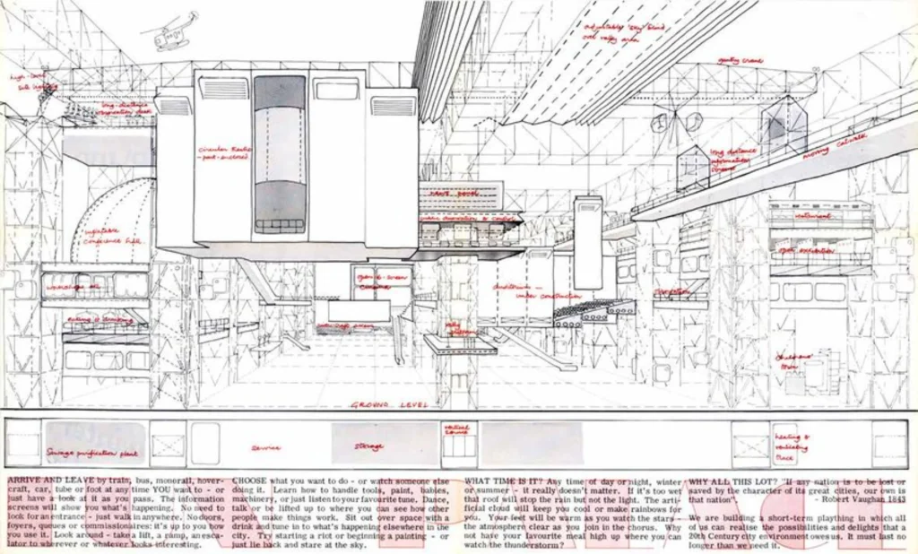 Annotated perspective drawing of the Fun Palace with red handwritten labels identifying elements such as circular theatre, moving walkway, and information screens, plus explanatory text at the bottom.