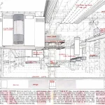 Annotated perspective drawing of the Fun Palace with red handwritten labels identifying elements such as circular theatre, moving walkway, and information screens, plus explanatory text at the bottom.