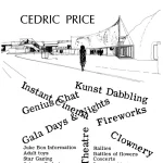 Graphic poster for The Fun Palace by Cedric Price, featuring a sketch of the exterior structure and a list of activities including Instant Genius Chat, Kunst Dabbling, Fireworks, and Clownery.