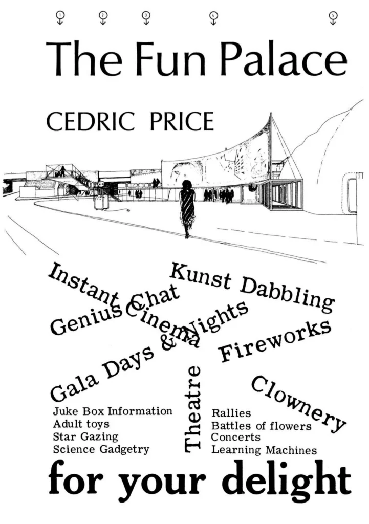 Graphic poster for The Fun Palace by Cedric Price, featuring a sketch of the exterior structure and a list of activities including Instant Genius Chat, Kunst Dabbling, Fireworks, and Clownery.