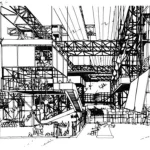 Detailed black-and-white sketch of the Fun Palace interior showing layered platforms, stairs, large hanging forms, and people interacting throughout the open steel framework.