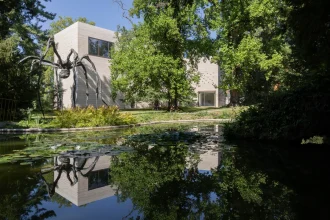 Pond and greenery in the expanded Beyeler Park with a new building visible beyond the trees