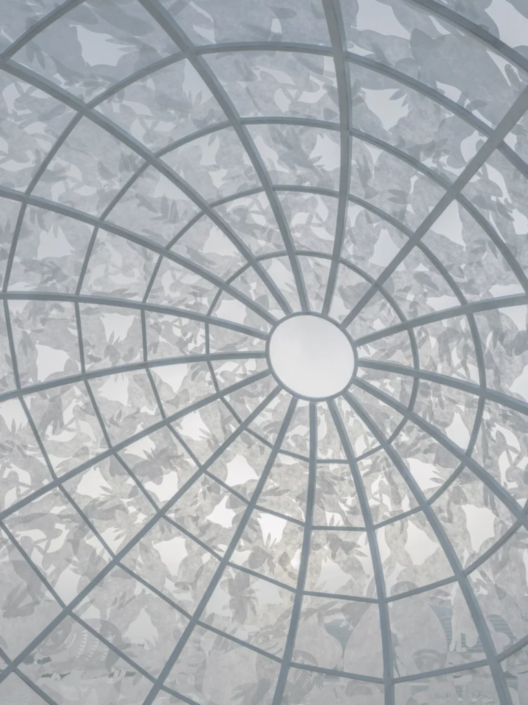 The Full Moon: Looking upward inside the sphere at overlapping rabbit silhouettes and the open circular top