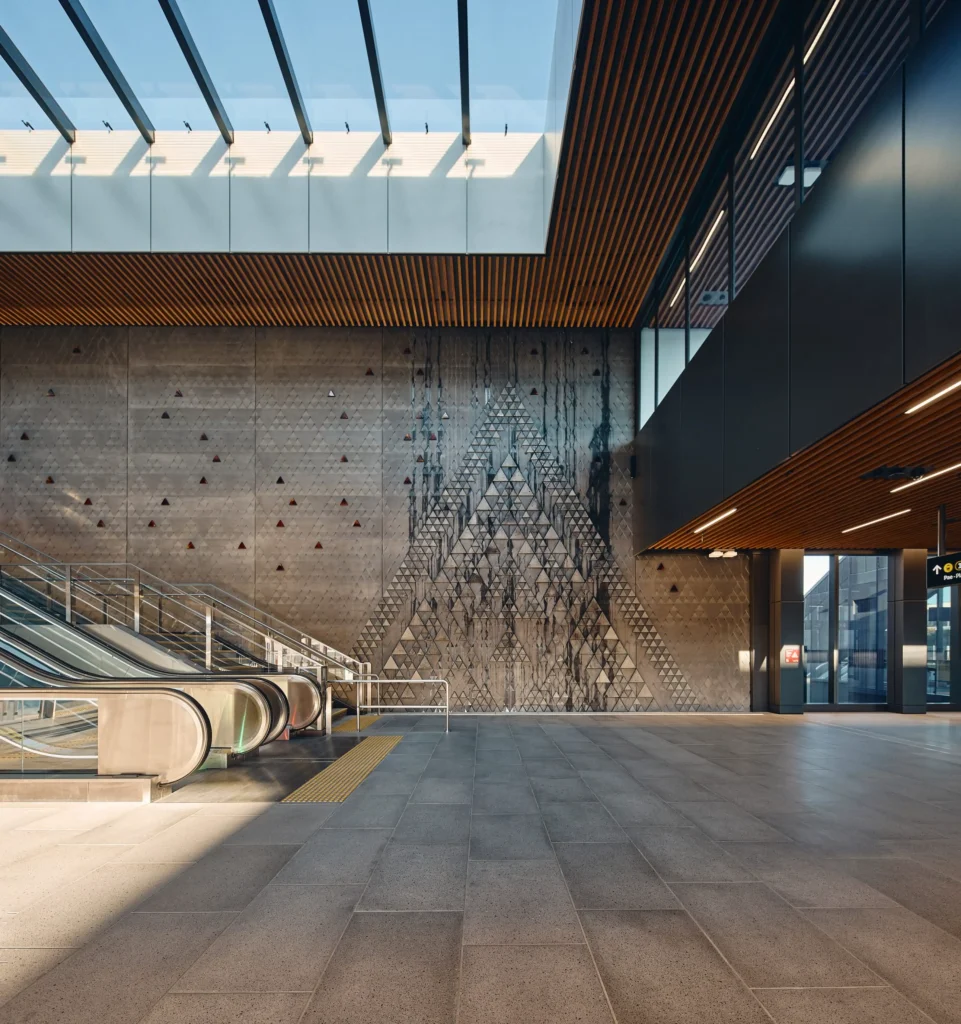 Wide platform view with strong linear perspective and integrated lighting