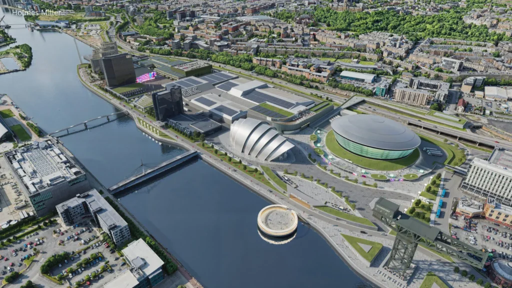 Aerial view of the Scottish Event Campus along the River Clyde showing the Hydro, Armadillo and surrounding waterfront