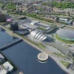Aerial view of the Scottish Event Campus along the River Clyde showing the Hydro, Armadillo and surrounding waterfront