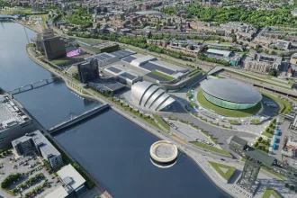 Aerial view of the Scottish Event Campus along the River Clyde showing the Hydro, Armadillo and surrounding waterfront